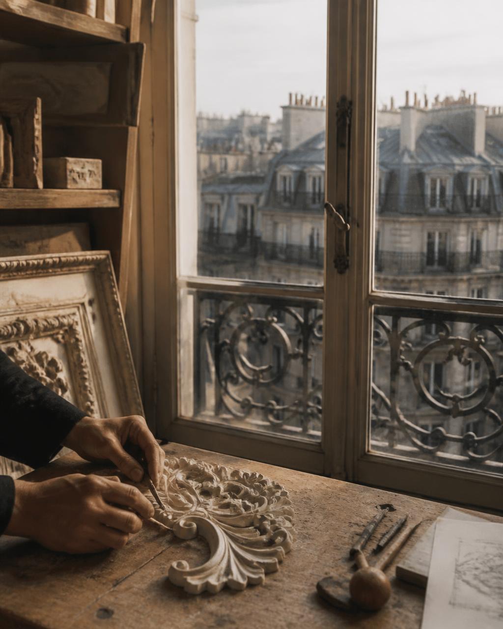 Hands carving a gilded wood ornament in a Parisian atelier with Haussmannian rooftops beyond the window